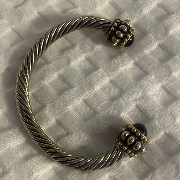 Cable Silver Bracelet Black Stone Gold Bead Tone Accent Adjustable Wrist Jewelry - Picture 2 of 10